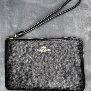 Coach Black Saffiano Leather Zip Wristlet with Gold Logo